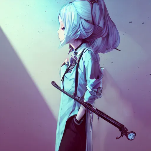 Image similar to low - angle shot from behind of a long light blue - haired girl in a blue tailcoat with a scabbard, combat boots, noir, sharp focus, intricate, illustration, cell shaded, digital painting, highly detailed, straight hair, art by ilya kuvshinov, wlop, greg rutkowski, studio quality, makoto shinkai, james jean