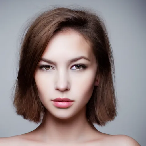 Prompt: portrait shot of a beautiful girl with puffy lips, squarish face, short hair