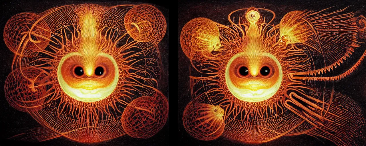 Image similar to a strange fire creature with endearing eyes radiates a unique canto'as above so below'while being ignited by the spirit of haeckel and robert fludd, breakthrough is iminent, glory be to the magic within, in honor of saturn, painted by ronny khalil