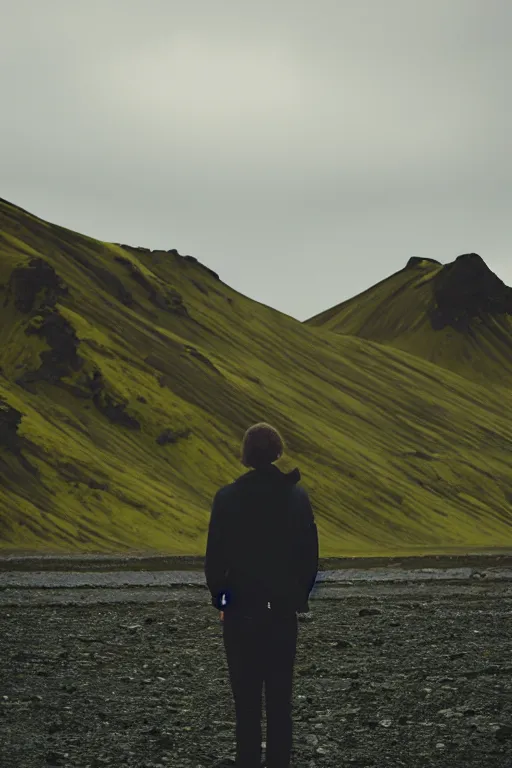 Prompt: kodak color plus 2 0 0 photograph of a skinny guy looking at beautiful iceland scenery, front view, vaporwave colors, grain, moody lighting, moody aesthetic,