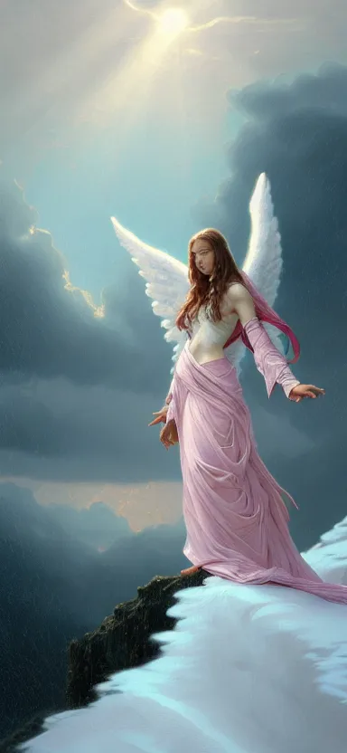 Prompt: angel, big wings, hudson river school, full plate armor with cloth, f 1 6, bokeh, gentle, female, snowy mountain, storm clouds, god rays, landscape, d & d, fantasy, elegant, teal pink white gold color palette, concept art, artgerm and greg rutkowski and alphonse mucha