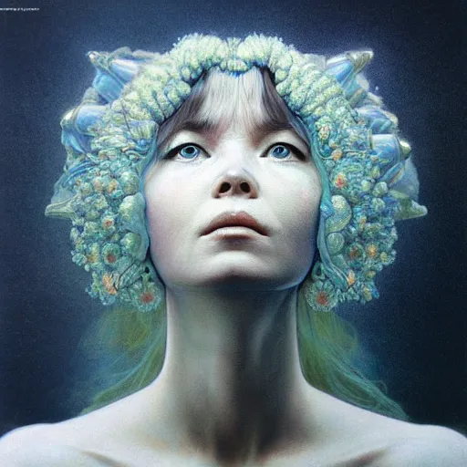 Prompt: bjork as queen of jupiter by zdzisław beksinski, iris van herpen, raymond swanland and alphonse mucha. highly detailed, hyper - real, beautiful