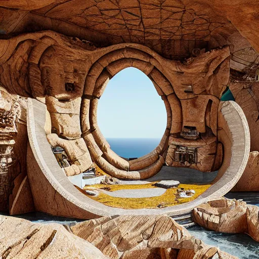 Image similar to a gigantic paleolothic torus made of stone with highly detailed carvings of intricate shamanic robotic electronics and circuitry in a mediterranean lanscape inside a valley overlooking the sea in the style of michal karcz