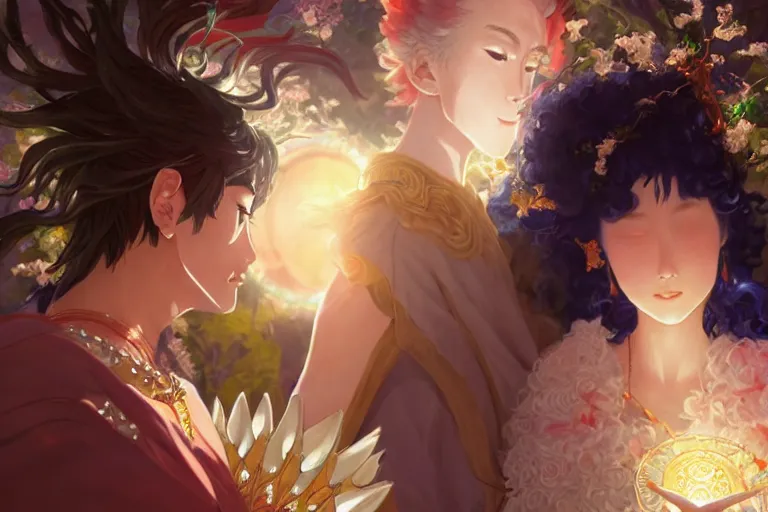 Image similar to close up moment of a divine a japan sun god and a moon goddess lovers magician at a wedding banquet, highly detailed, d & d, fantasy, 4 k realistic, digital painting, trending on artstation, concept art, sharp focus, illustration, art by makoto shinkai and akihiko yoshida and daniel gerhartz