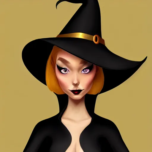 Prompt: portrait of a beautiful female witch in black and golden dress , digital painting , digital art , pixar style , Disney , cute , trending on artstation