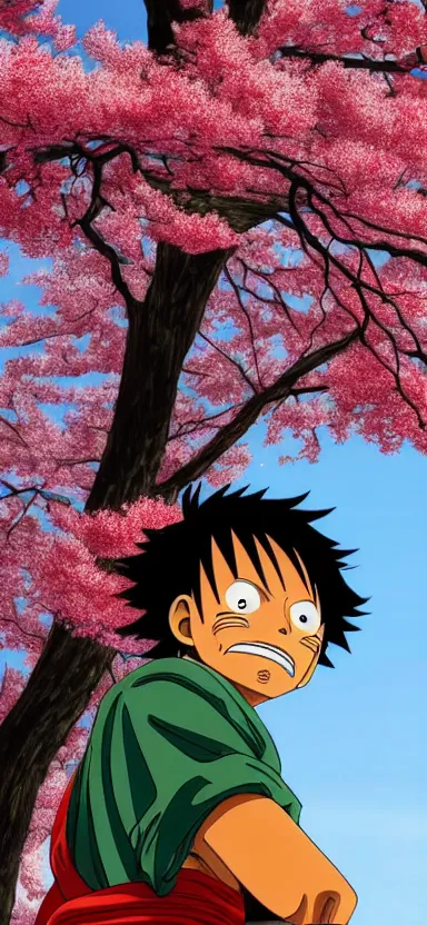 Image similar to “ a portrait of luffy at a sakura tree, side shot, by shunji dodo, 8 k resolution, photo, high quality ”