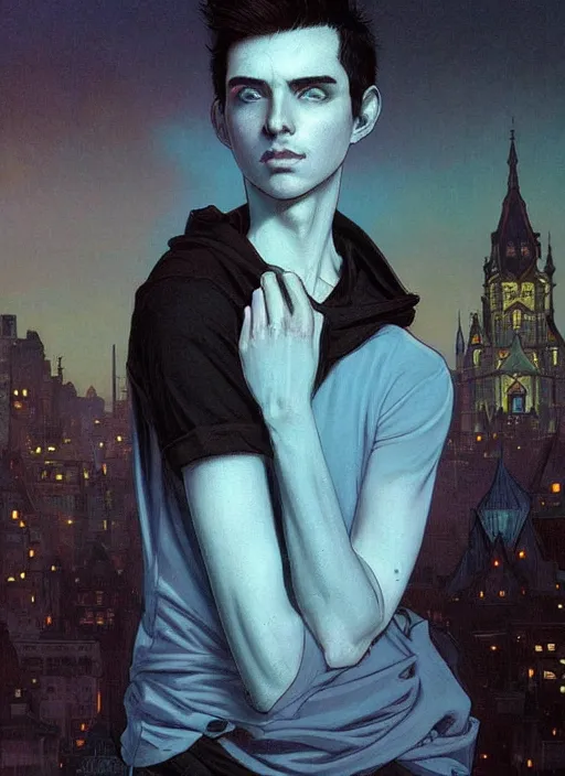 Image similar to handsome young man with short black hair, glowing light blue eyes, pale skin, wearing jeans and a black hoodie, detailed night time cityscape background, realistic painting by ross tran and gerald brom and alphonse mucha, ilya kuvshinov, svetlana tigai, artgerm, trending on artstation