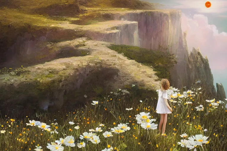 Image similar to giant white daisy flower head, girl standing on cliff, surreal photography, solar eclipse, milky way, dramatic light, impressionist painting, clouds, digital painting, artstation, james gilleard, liam wong, jeremy mann, simon stalenhag