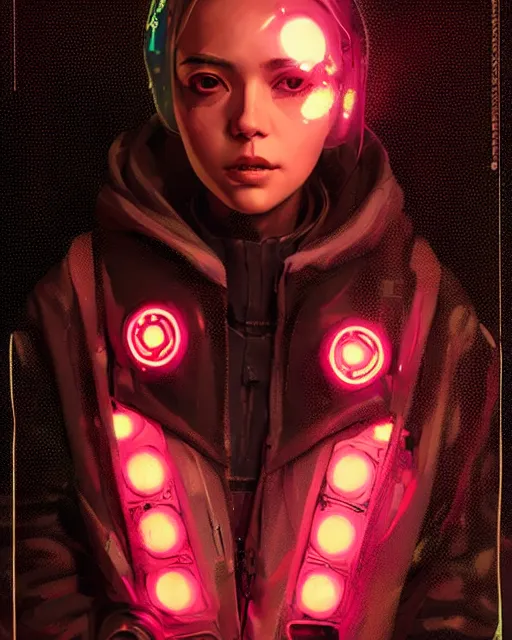 Image similar to detailed portrait Neon Operator Girl, cyberpunk futuristic neon, reflective puffy coat, decorated with traditional Japanese ornaments by Ismail inceoglu dragan bibin hans thoma greg rutkowski Alexandros Pyromallis Nekro Rene Maritte Illustrated, Perfect face, fine details, realistic shaded, fine-face, pretty face