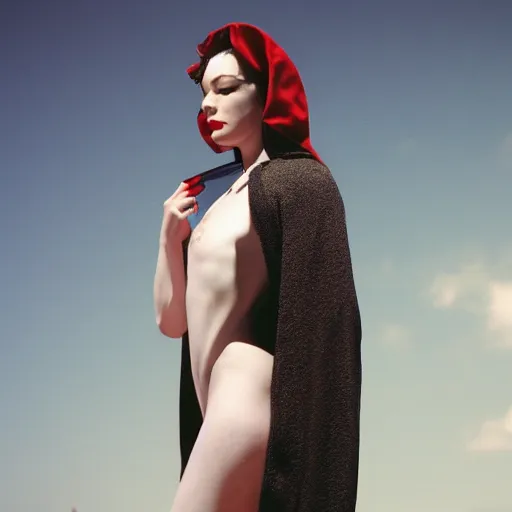 Image similar to stoya realistic expired kodak film full body portrait of an angel performer with cloak,, hyperrealism, hypermaxiymalism, photorealistic, detailed, atmospheric, 8 k, award winning photography, cinematic