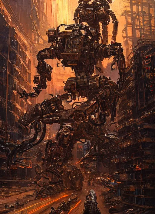 Prompt: large chunky robot scorpion bristling with weapons, neal asher sci - fi, cyberpunk, conceptual, hyperdetailed, donato giancola, james gurney, neon lights, mood lighting, rust