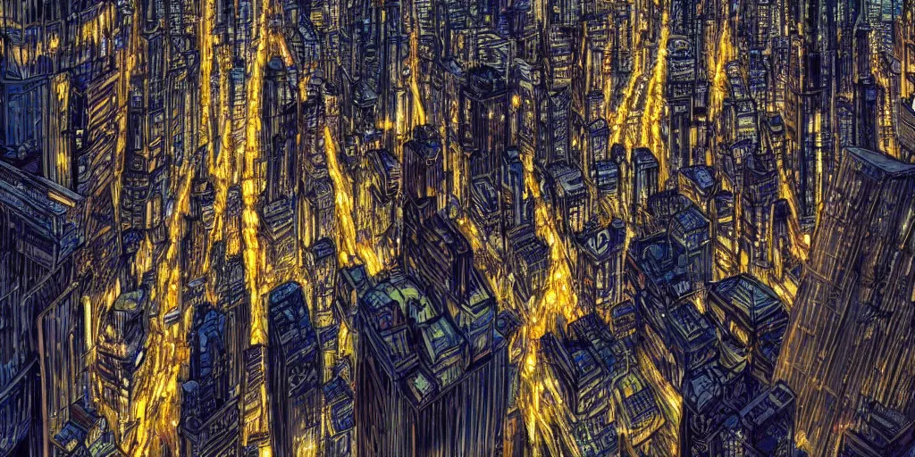 Image similar to the city that never sleeps, lights, mythology, fairy tale, urban landscape, evening, highly detailed, low angle view, artstation, in the style of aetherpunk