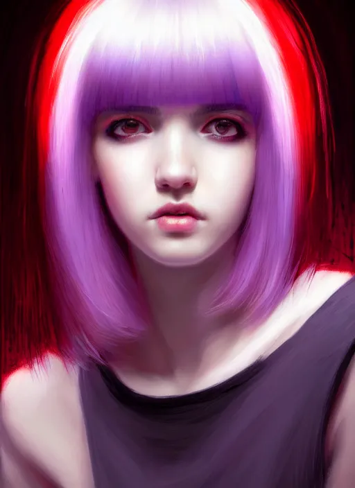 Image similar to portrait of teenage girl with white bangs, red irises, bangs, black and white hair, purple clothes, white bangs, bangs are different color from hair, intricate, elegant, glowing lights, highly detailed, digital painting, artstation, concept art, smooth, sharp focus, illustration, art by wlop, mars ravelo and greg rutkowski