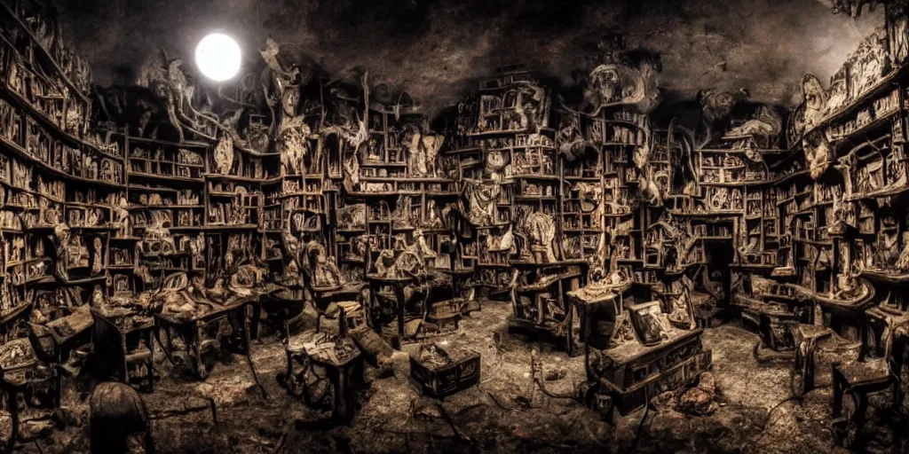Image similar to a epic view of a macabre museum at night