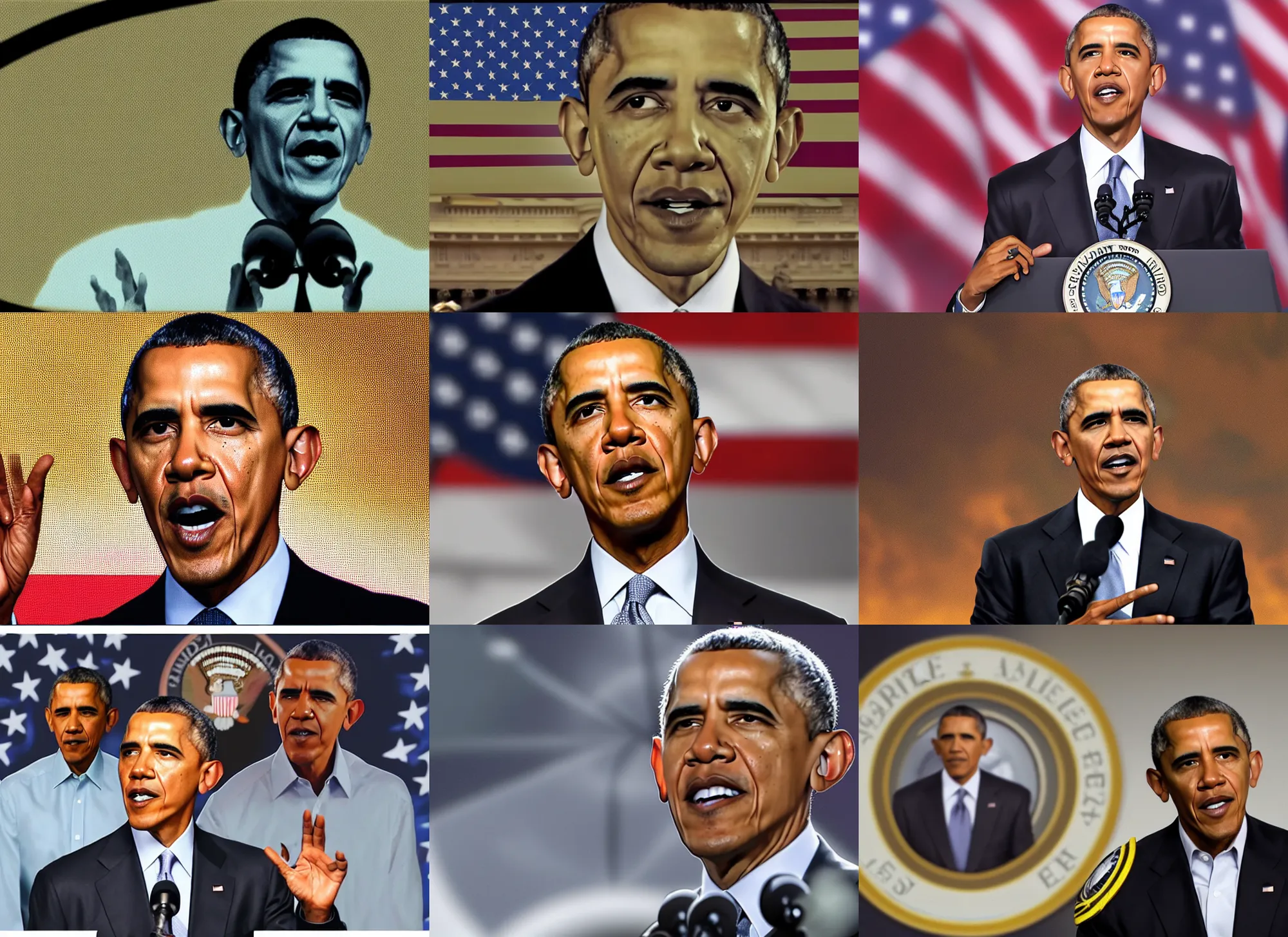 Prompt: distorted footage of Barack Obama giving a speech introducing our new Alien overlords