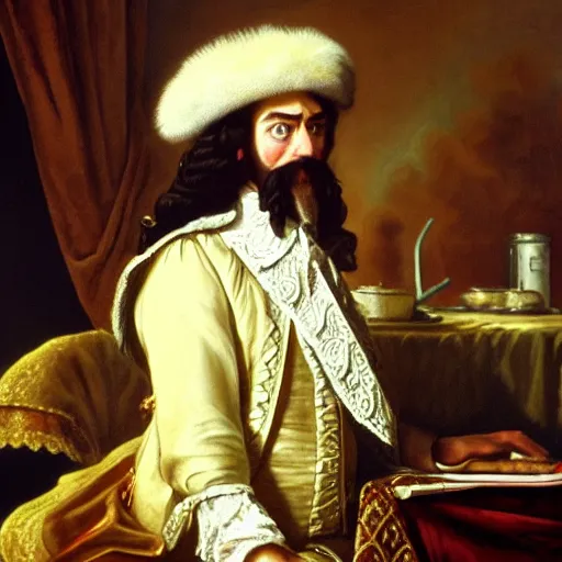 Image similar to russian tsar Peter The Great in tricorn hat and camisole, clean-shaven 18th century installs operating system on desktop computer oil painting, detailed, artfully traced, 4k resolution, cinematic, dramatic
