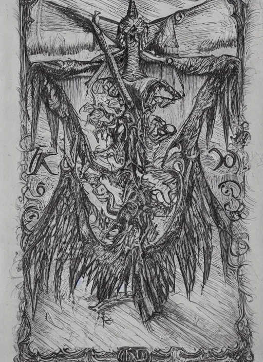 Prompt: a full page scan of detailed vintage illustrated drawing of how to raise the dead, handwritten, intricate writing, satanic, evil, grimoire page, necronomicon style