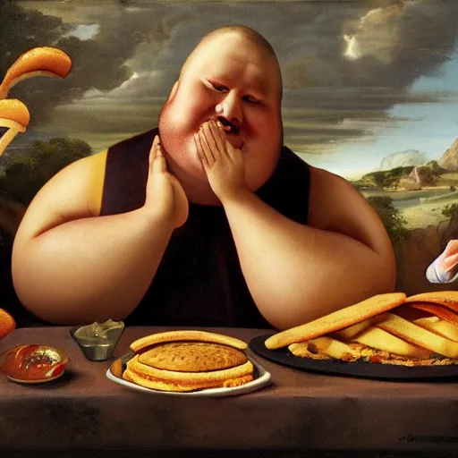 Image similar to a fat man praying to the cheeseburger god, renaissance