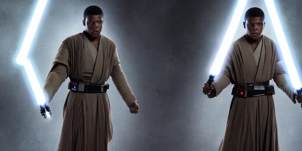 Image similar to Star Wars, Finn played by John Boyega wears jedi robes and wields lightsaber standing alone, full body shot, ultra realistic, 4K, movie still, UHD, sharp, detailed, cinematic, render