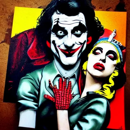 Image similar to mimmo rottela and banksy as joaquin phoenix skinny joker holding hand lady gaga harley queen, photorealistic, intricate details, pop art style, baroque, hyperdetailed, concept art, ultrarealistic, 3 colors, smooth, sharp focus