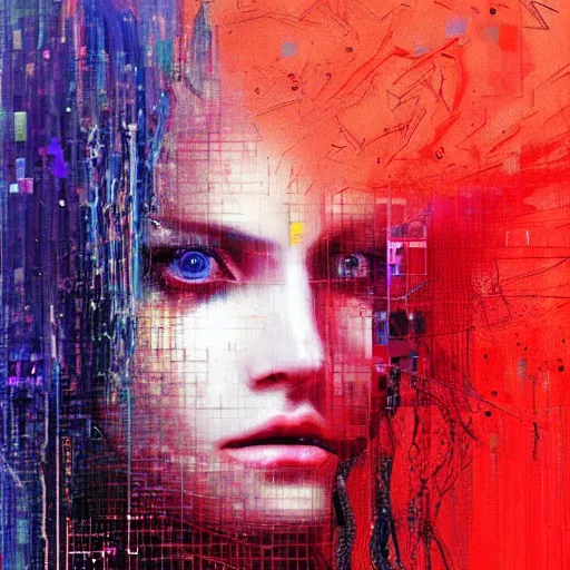 Image similar to hyperrealistic portrait of a mysterious cyberpunk woman with flowing hair, by Guy Denning, Johannes Itten, Russ Mills, glitch art, hacking effects, glitch effects, digital tech effects, cybernetics, detailed lines, holographic, chromatic, color blocking, digital painting, octane, concept art, abstract, red face, 8k, trending on cgsociety, trending on artstation