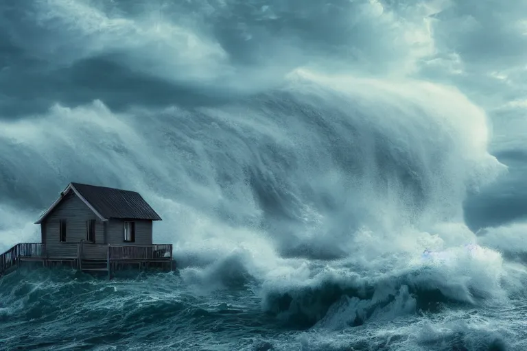 Prompt: a lonely house in the middle of the sea, the waves crashing, an electric storm. soft light, hyper realistic, dramatic, 4 k.