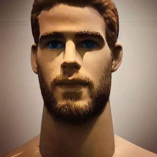 Image similar to “ a realistic detailed photo of a guy who is an attractive humanoid who is half robot and half humanoid, who is a male android, actor liam hemsworth, shiny skin, posing like a statue, blank stare, at the museum, on display ”