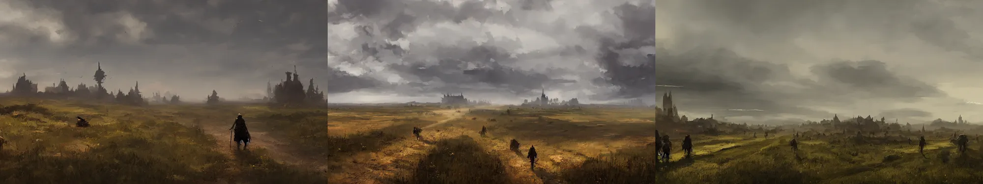 Prompt: plains with a path leading to a medieval town in the distance, watercolored, jakub rozalski, dark colours, dieselpunk, artstation