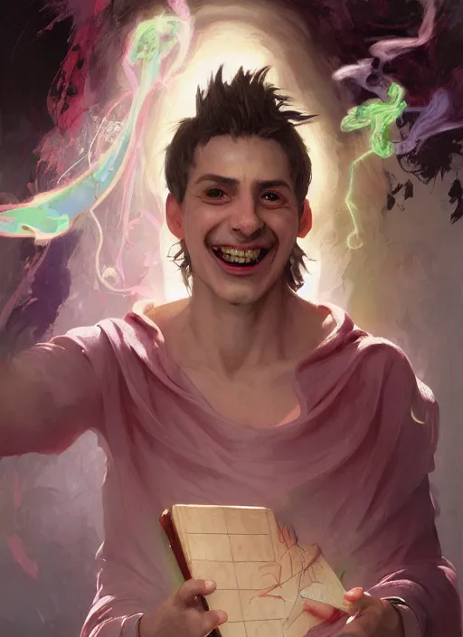 Prompt: character concept portrait of an attractive young laughing Spanish wizard with pink skin conjuring a love spell, a floating iridescent spell book in the center, intricate, elegant, digital painting, concept art, smooth, sharp focus, illustration, from Metal Gear, by Ruan Jia and Mandy Jurgens and William-Adolphe Bouguereau, Artgerm