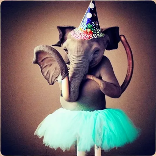 Image similar to “ an elephant wearing a birthday hat and a tutu on a unicycle ”