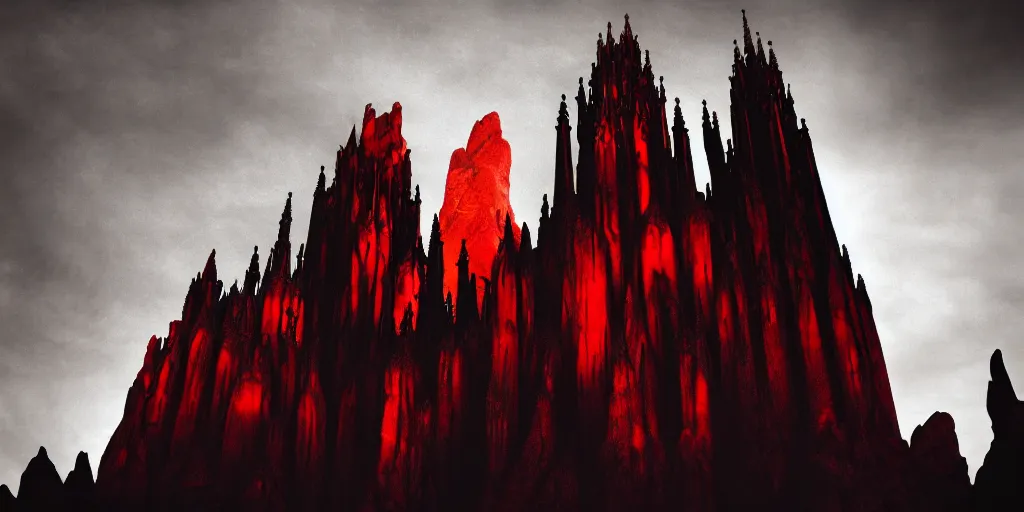 Image similar to dark gothic cathedral, gothic architecture, at the top of a red rock canyon, artstation concept art, beautiful matte painting, ultrawide angle, red and orange and black color palette, chiaroscuro lighting