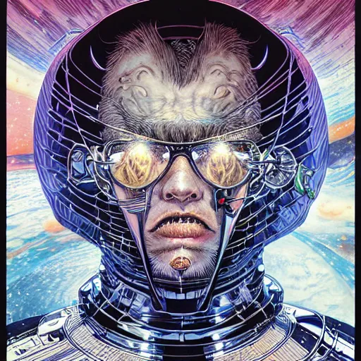 Prompt: portrait of crazy interstellar explorer, symmetrical, by yoichi hatakenaka, masamune shirow, josan gonzales and dan mumford, ayami kojima, takato yamamoto, barclay shaw, karol bak, yukito kishiro