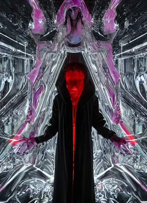 Prompt: photo of fullbodied baroque and bladerunner delicate neon crystalline sculpture of seductive onyx albino marble prince nick jonas orange iridescent humanoid deity wearing red plastic hooded cloak holding an glass skull in a onyx alien dungeon, reclining, glowing magenta face, crown of white diamonds, cinematic lighting, photorealistic, octane render 8 k depth of field 3 d