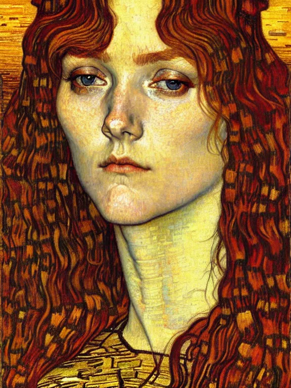 Image similar to detailed realistic beautiful young medieval queen face portrait by jean delville, gustav klimt and vincent van gogh, art nouveau, symbolist, visionary, gothic, pre - raphaelite, muted earthy colors, desaturated