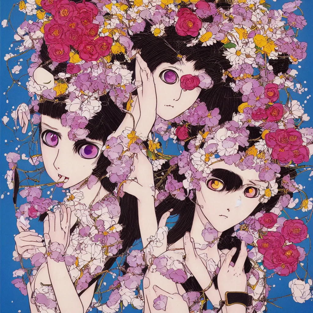 Image similar to prompt: Fragile portrait of persona covered with random flowers illustrated by Katsuhiro Otomo, inspired by sailor moon and 1990 anime, smaller cable and cryborg parts as attributes, eyepatches, illustrative style, intricate oil painting detail, manga 1980