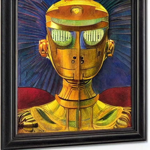 Image similar to the robot in her mechanical mask, by annie swynnerton and diego rivera and leo and diane dillon and and kit williams, symbolist, dramatic lighting, elaborate geometric ornament, art brut, god rays, soft cool colors, smooth, sharp focus, extremely detailed, adolf wolfli