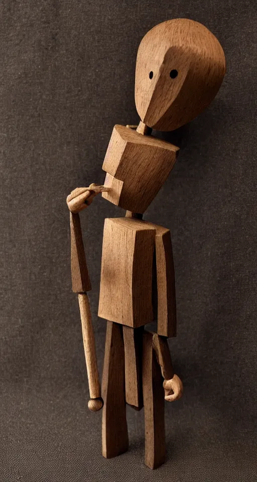 Image similar to a little wooden boy like pinocchio, dark style by alberto mielgo