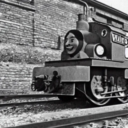 Image similar to WW2 era photograph of a rail artillery with Thomas the Tank Engine's face