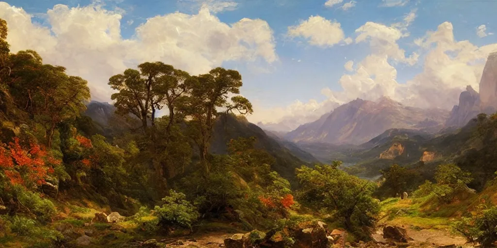 Image similar to a beautiful landscape painting of a rocky valley with patches of woodland, by frederic edwin church, oil on canvas, highly detailed, hd, 4 k