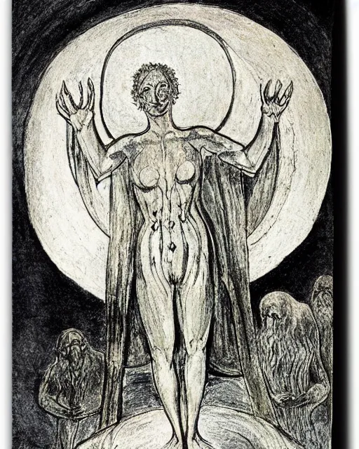 Image similar to a druid standing in a circle at the beginning of the world by william blake