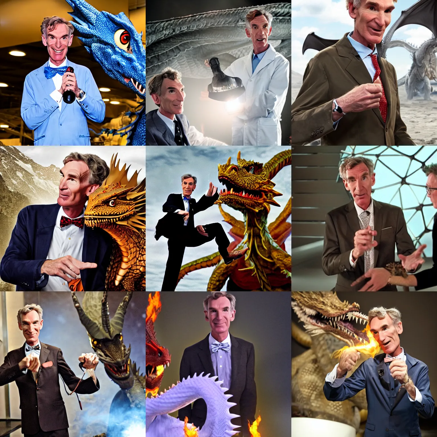 Prompt: bill nye the science guy fighting a dragon