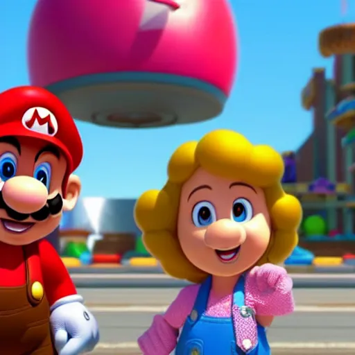 Image similar to super mario and hispanic princess peach spicy latina in pixar animated movie 4k octane render