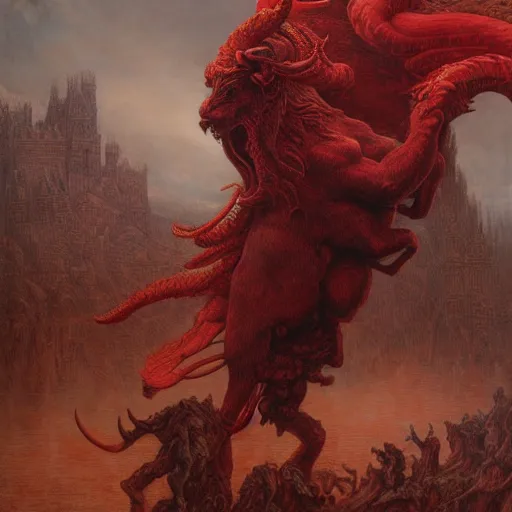 Image similar to a masterpiece! matte painting portrait of a scarlet - colored beast with seven ( 7 ) heads and ten ( 1 0 ) horns by gustave dore and stephen hickman and allen williams, trending on artstation, cgsociety, 8 k hd, earthtone colors, a cloaked woman riding the back of the beast