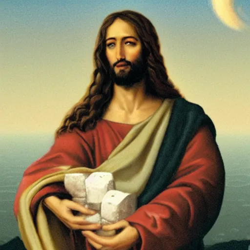 Prompt: Jesus holding a kilo of cocain