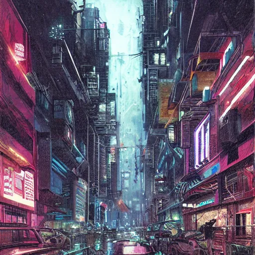 Image similar to hyper detailed illustration of a cyberpunk city at nighttime with rain, by Kev Walker, simon bisley and paolo parente