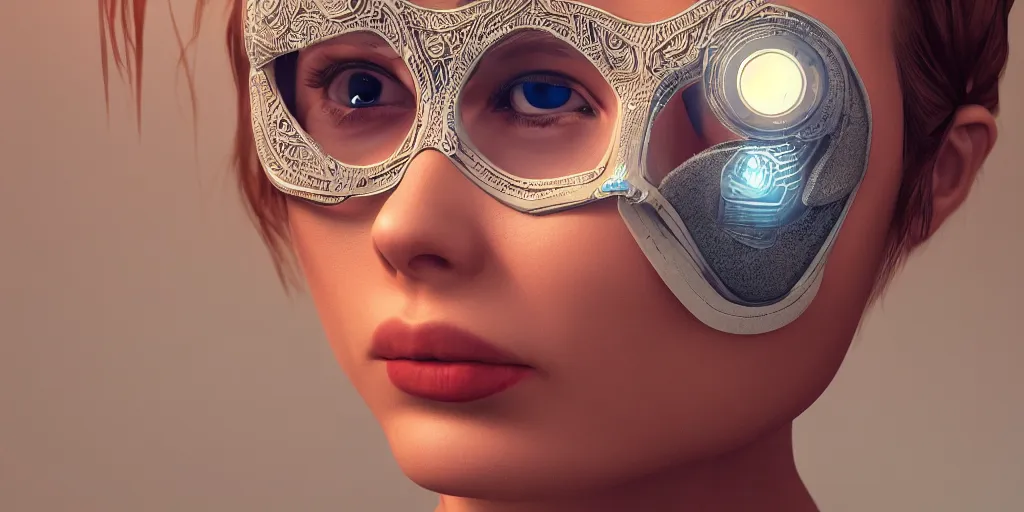 Prompt: 3 d concept art, a woman wears an eye mask display, science fiction, beautiful, cinematic lighting, intricate details, octane rendering, trending on artstation, featured on behance.