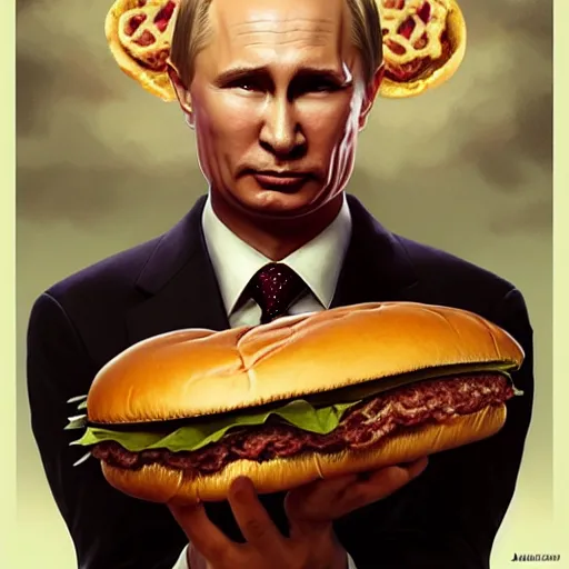 Prompt: portrait of Putin eating a giant hamburger , extra onions and ketchup, luscious patty with sesame seeds, feminine ethereal, handsome, D&D, fantasy, intricate, elegant, highly detailed, digital painting, artstation, concept art, matte, sharp focus, illustration, art by Artgerm and Greg Rutkowski and Alphonse Mucha