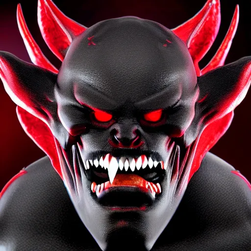 Image similar to black demon with evil face red eyes red mouth, wings, 8 k, high quality, highly realistic photo realistic