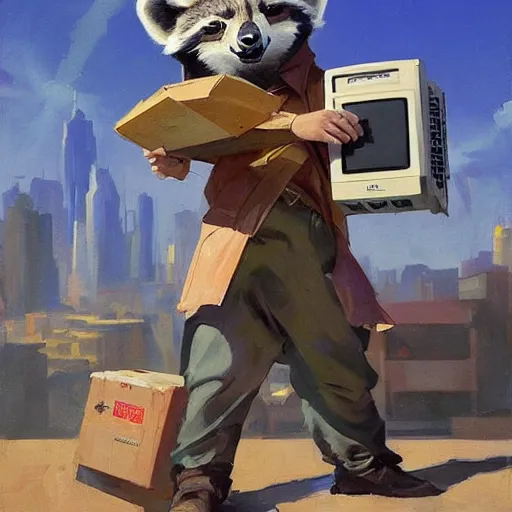 Image similar to greg manchess painting of a trash panda character, holding a box of cables and standing next to old electronic equiptment, medium shot, asymmetrical, profile picture, organic painting, sunny day, matte painting, bold shapes, hard edges, street art, trending on artstation, by huang guangjian and gil elvgren and sachin teng