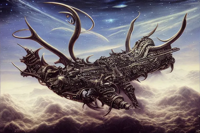 Image similar to baphomet spaceship!!!!! with antler made with porcelain by jeff easley and peter elson, galaxy, gothic, surreal, dread scary spaceship, highly detailed, intricate complexity, epic composition, magical atmosphere, masterpiece, award winning, trending on artstation